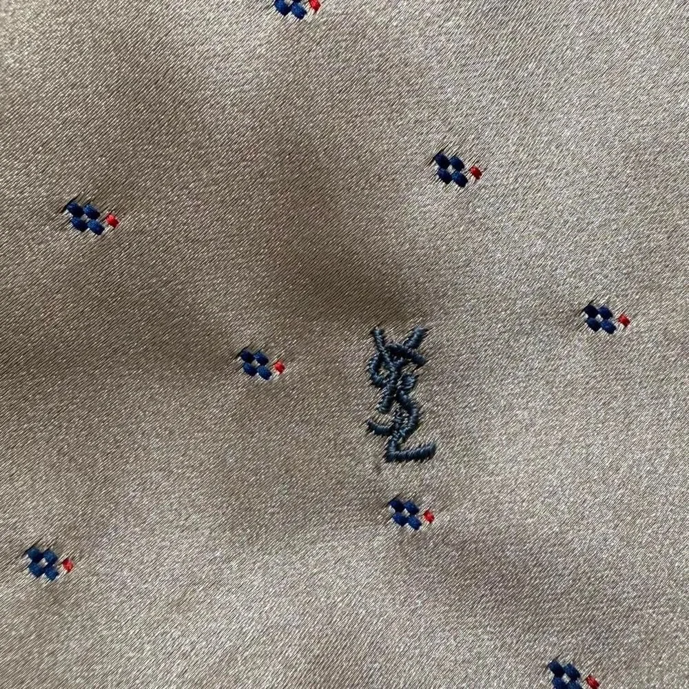 Yves Saint Laurent YSL Mens Silk Necktie Beige Tan Blue Ebroidered Designer Tie